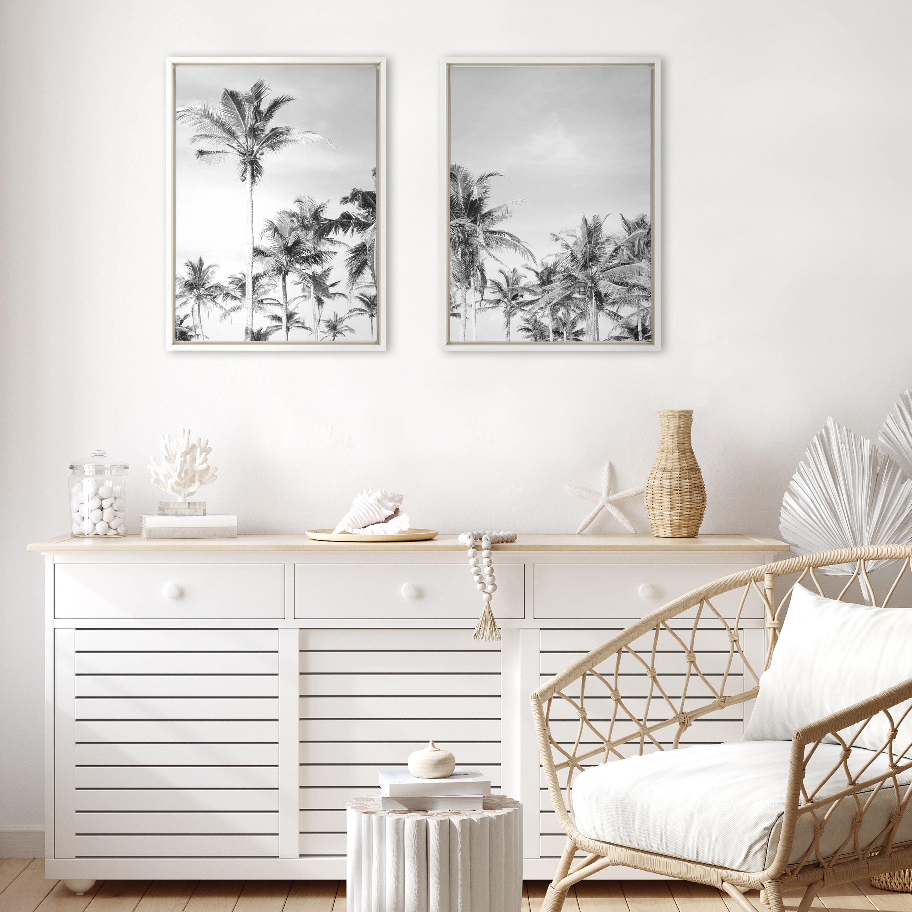 Sylvie Coastal Coconut Palm Tree Beach BW Framed Canvas Set by The Creative Bunch Studio