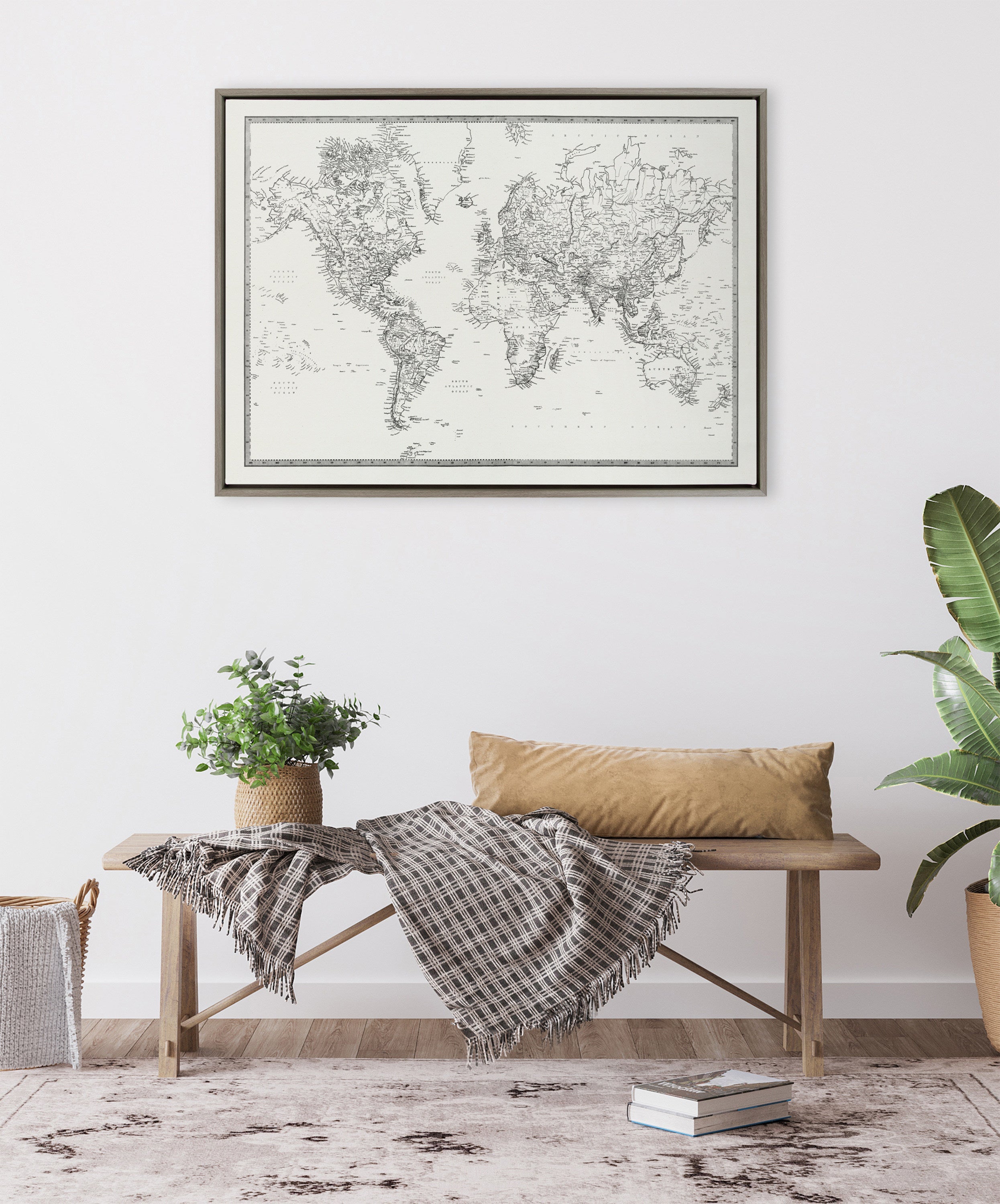 Sylvie Vintage Black and White World Map Framed Canvas by The Creative Bunch Studio