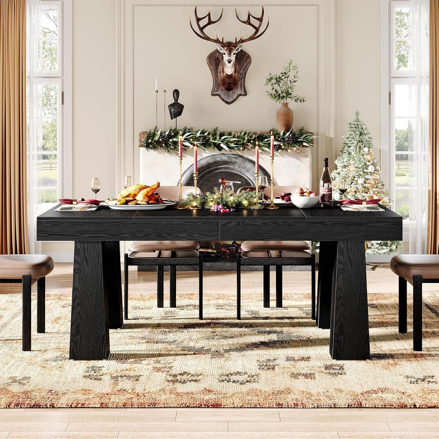 63 Inch Black Rectangular Dining Table With Heavy Duty Legs