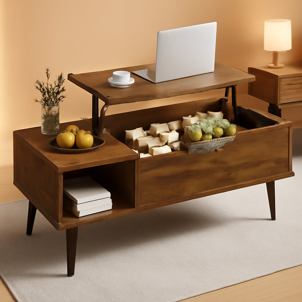 Brown Lift Top Coffee Table With Storage And Hidden Compartment
