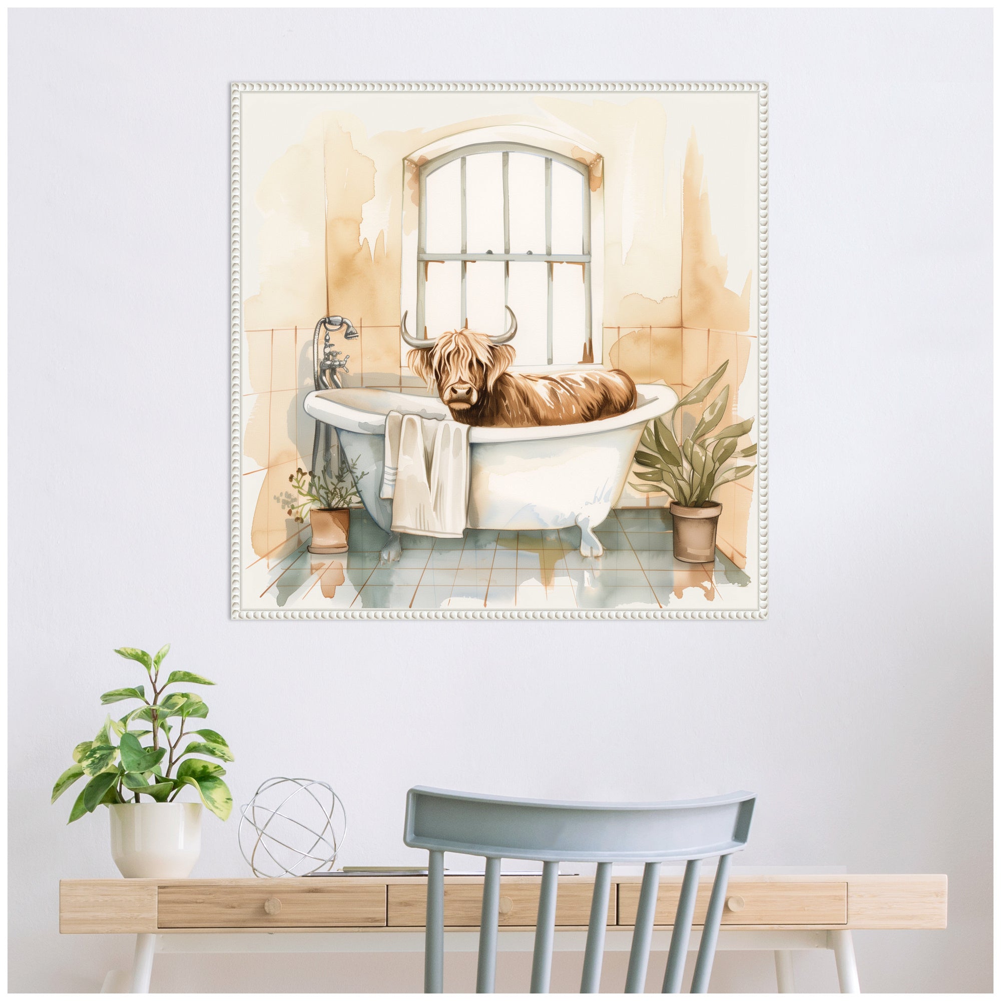 Sylvie Highland Cow Bathroom Watercolor Framed Canvas by The Creative Bunch Studio