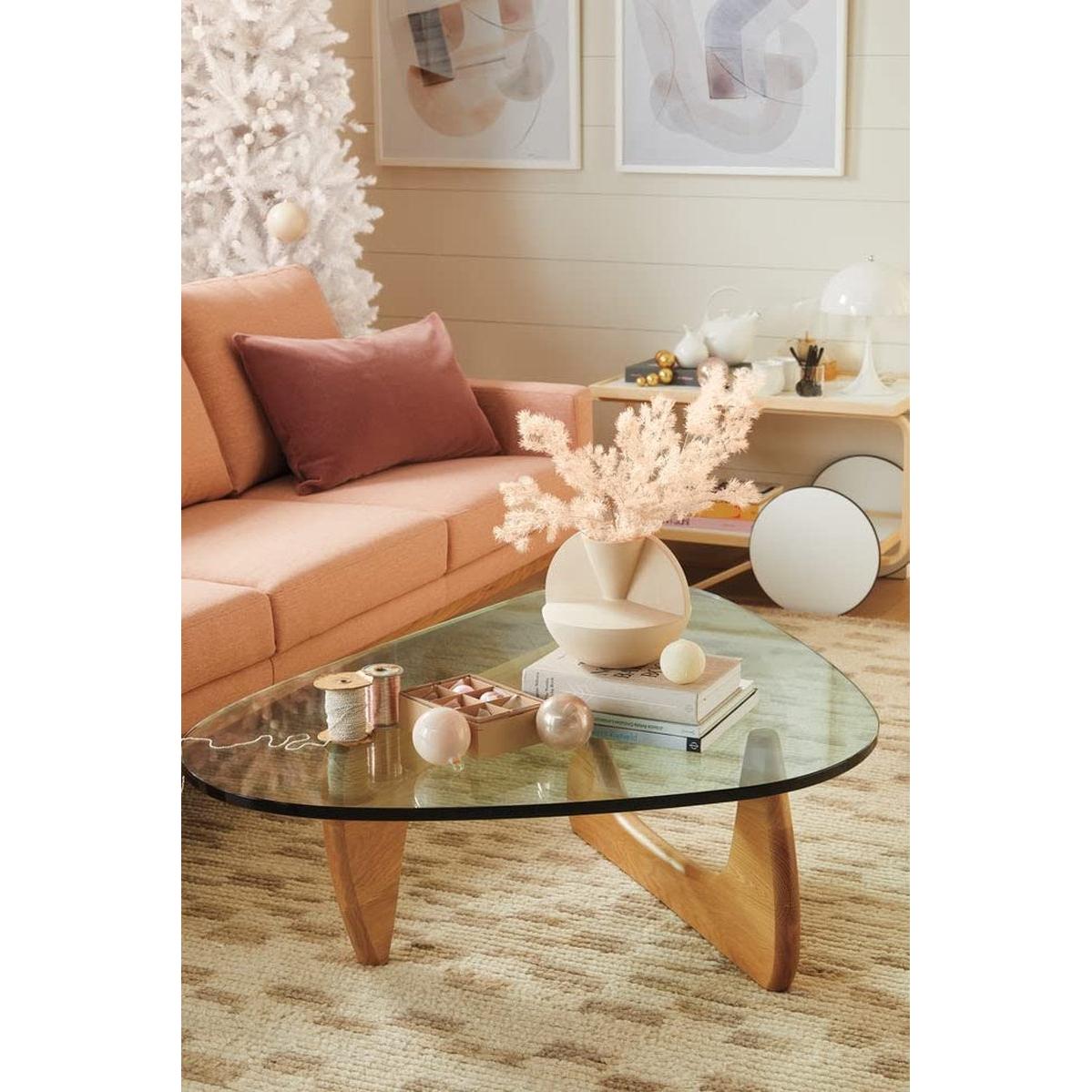 Mid Century Glass Top End Table With Light Walnut Finish