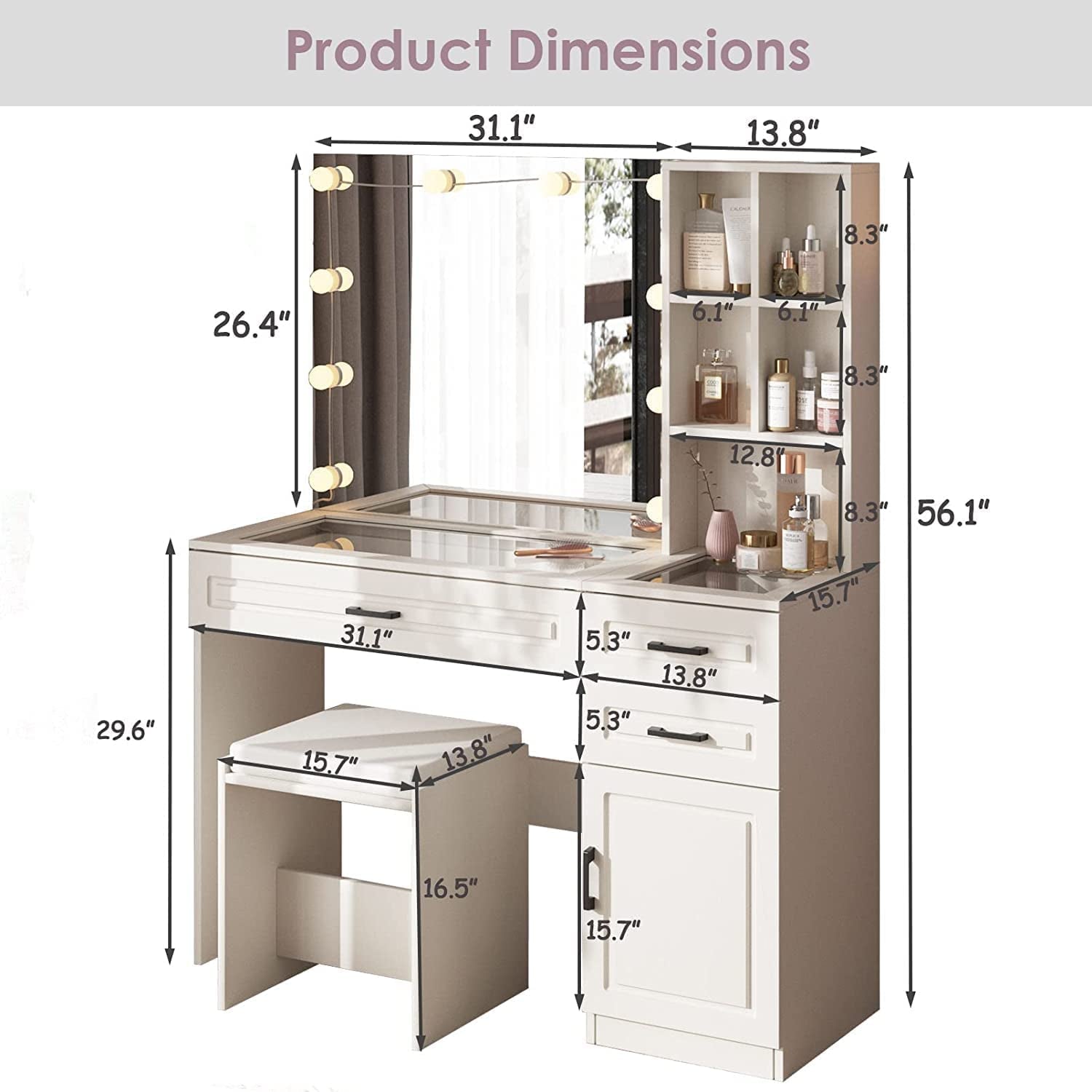 White Vanity Table Set With Glass Top Hollywood Mirror