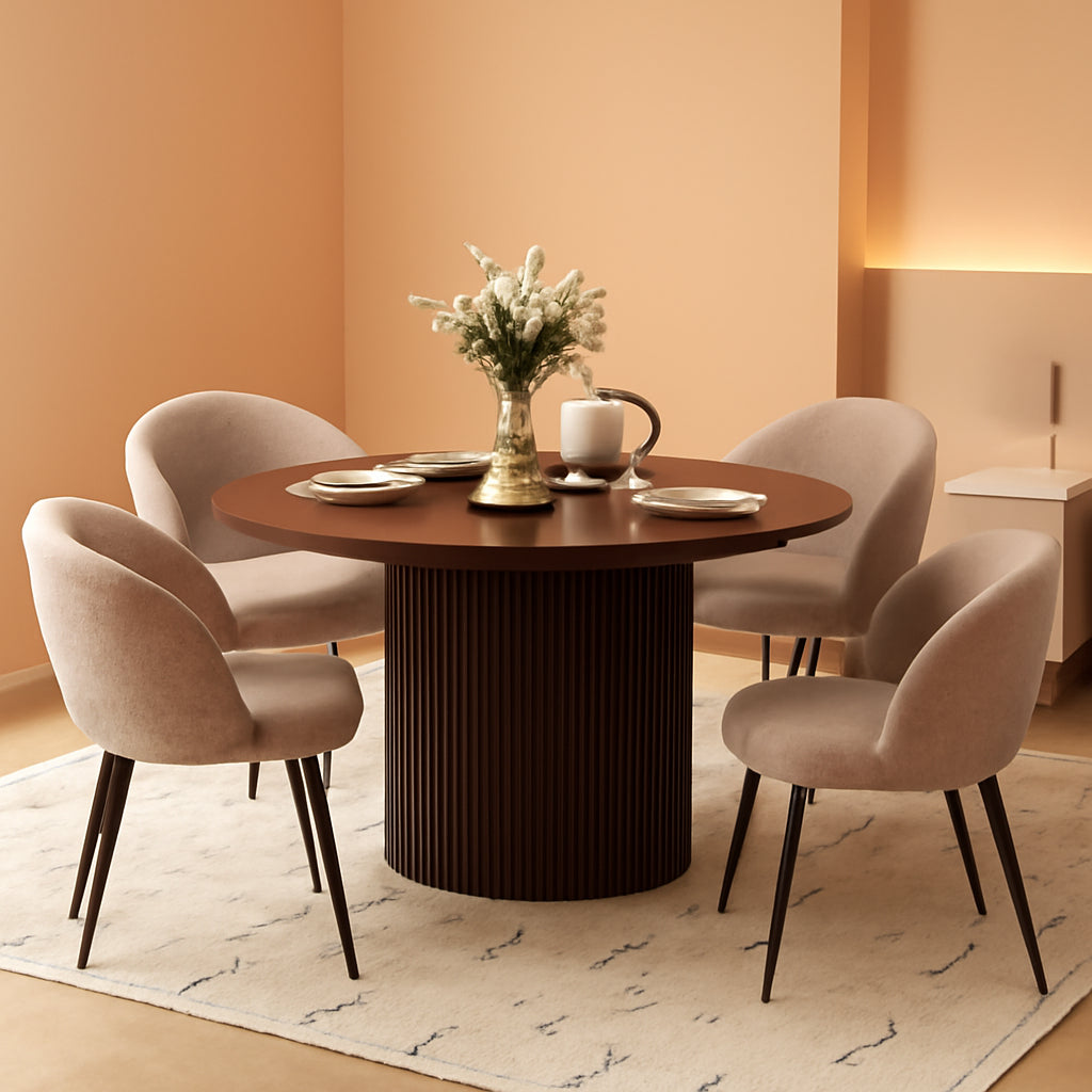 Forty Seven Inch Round Dining Table Set Walnut Finish Woodgrain Chairs