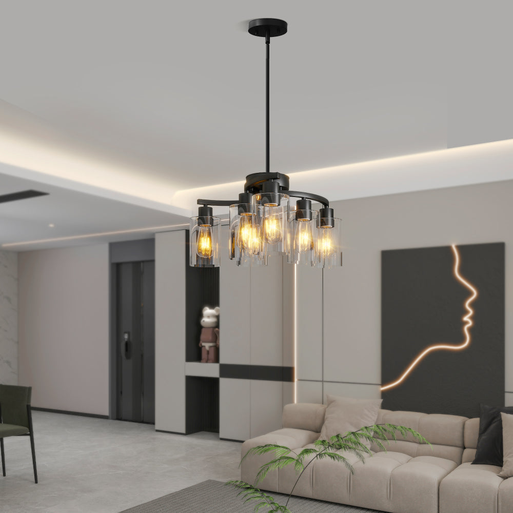 6/9-Light Modern Farmhouse Chandelier | Black, Chrome or Gold with Clear Glass Shades — Adjustable Height, Dimmable, Dining Room & Kitchen Island