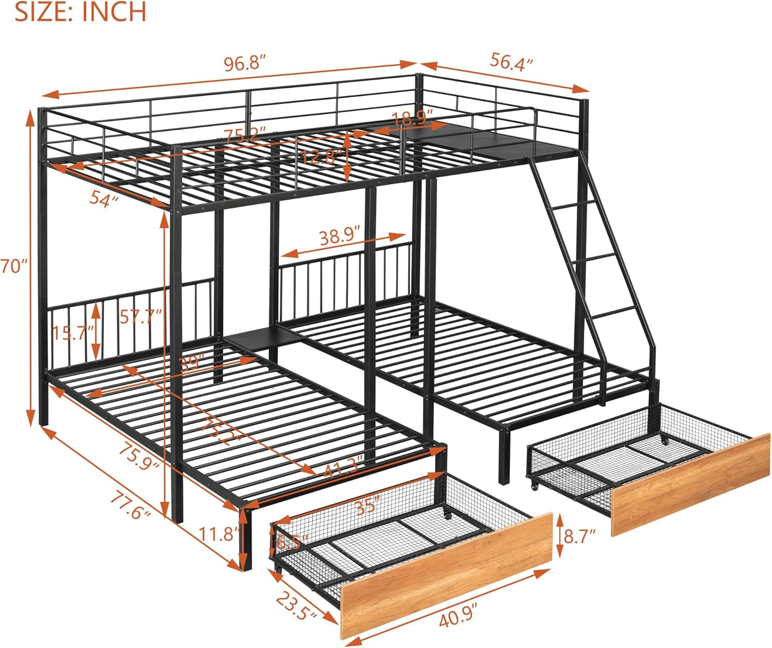 Black Metal Triple Bunk Bed With Drawers Full Over Twin Bunk Beds