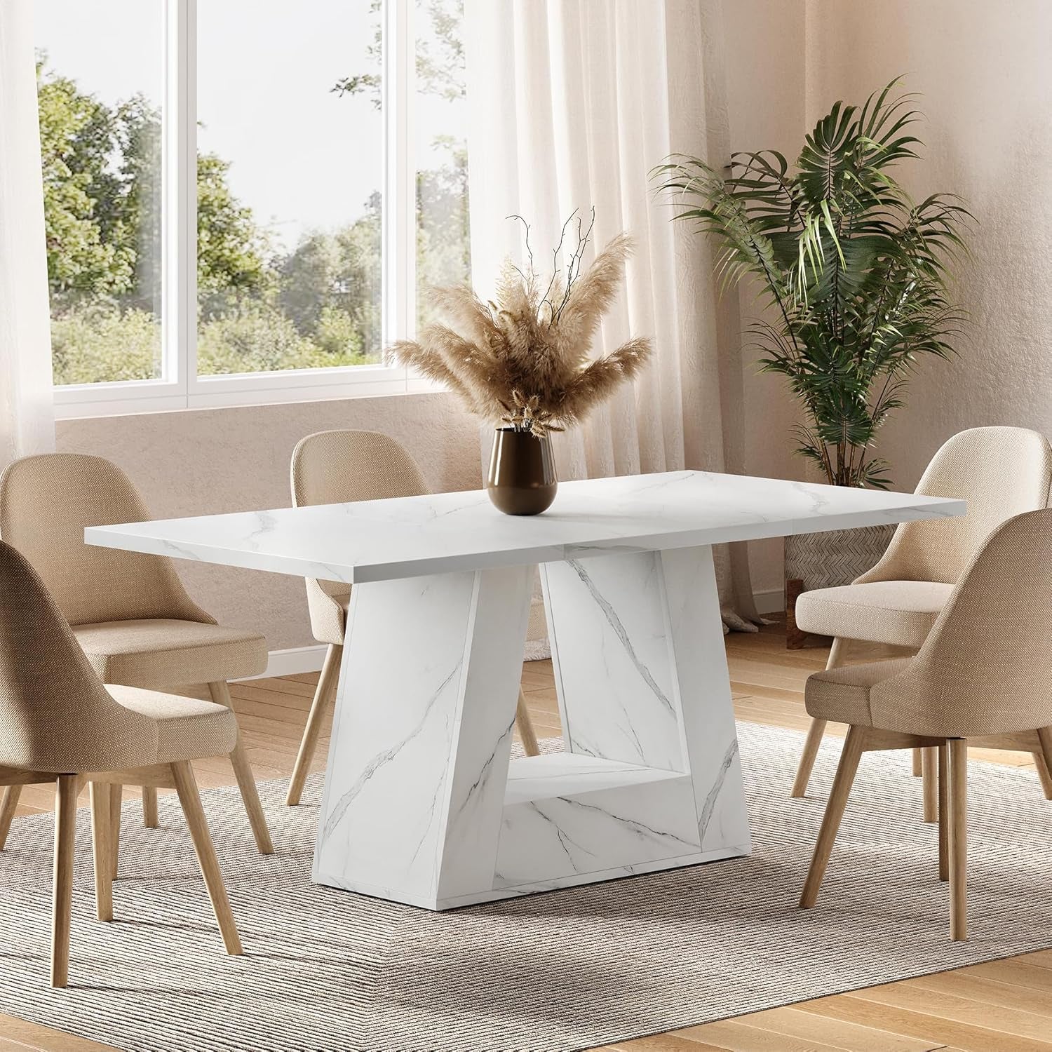 63 Inch White Faux Marble Dining Table Rectangular