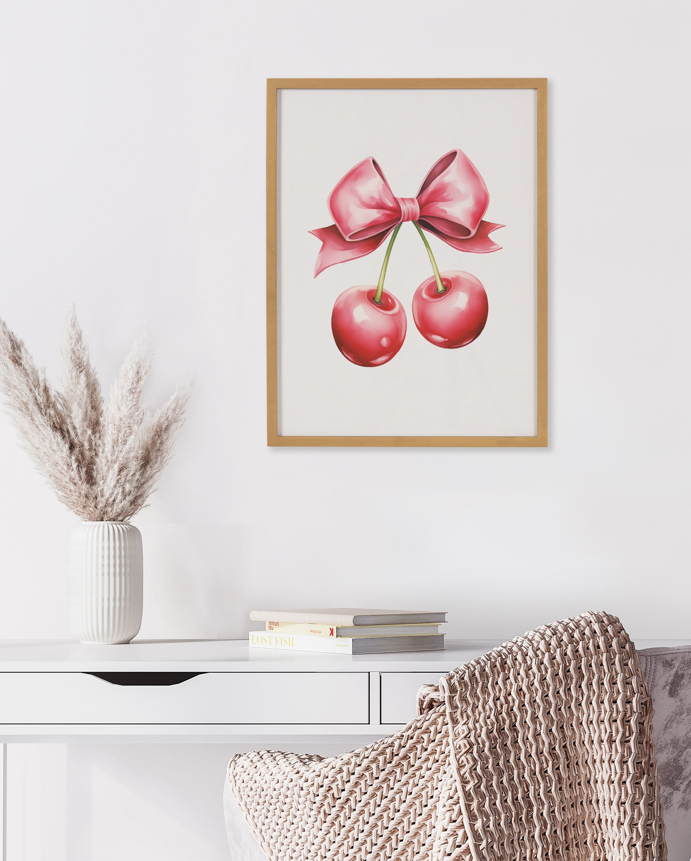 Gallery Coquette Preppy Retro Girly Red Pink Bow Cherries Print by The Creative Bunch Studio