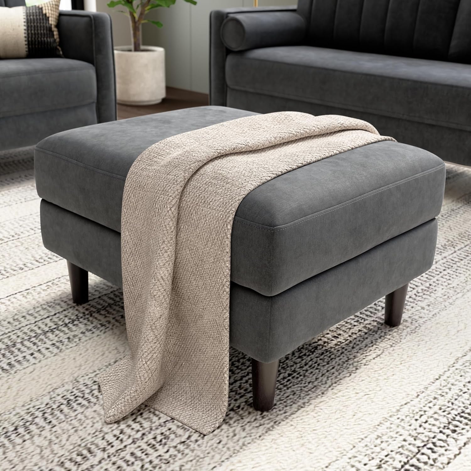 Iron Gray Chenille Reinforced Storage Ottoman Tray