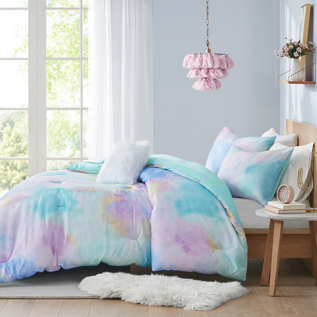 Full/Queen Watercolor Tie Dye Printed Comforter Set with Throw Pillow