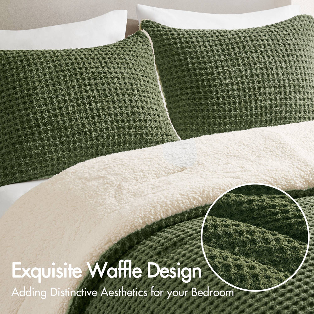 3 Pieces King/Cal King Waffle Knit Chenille Comforter Set, Olive