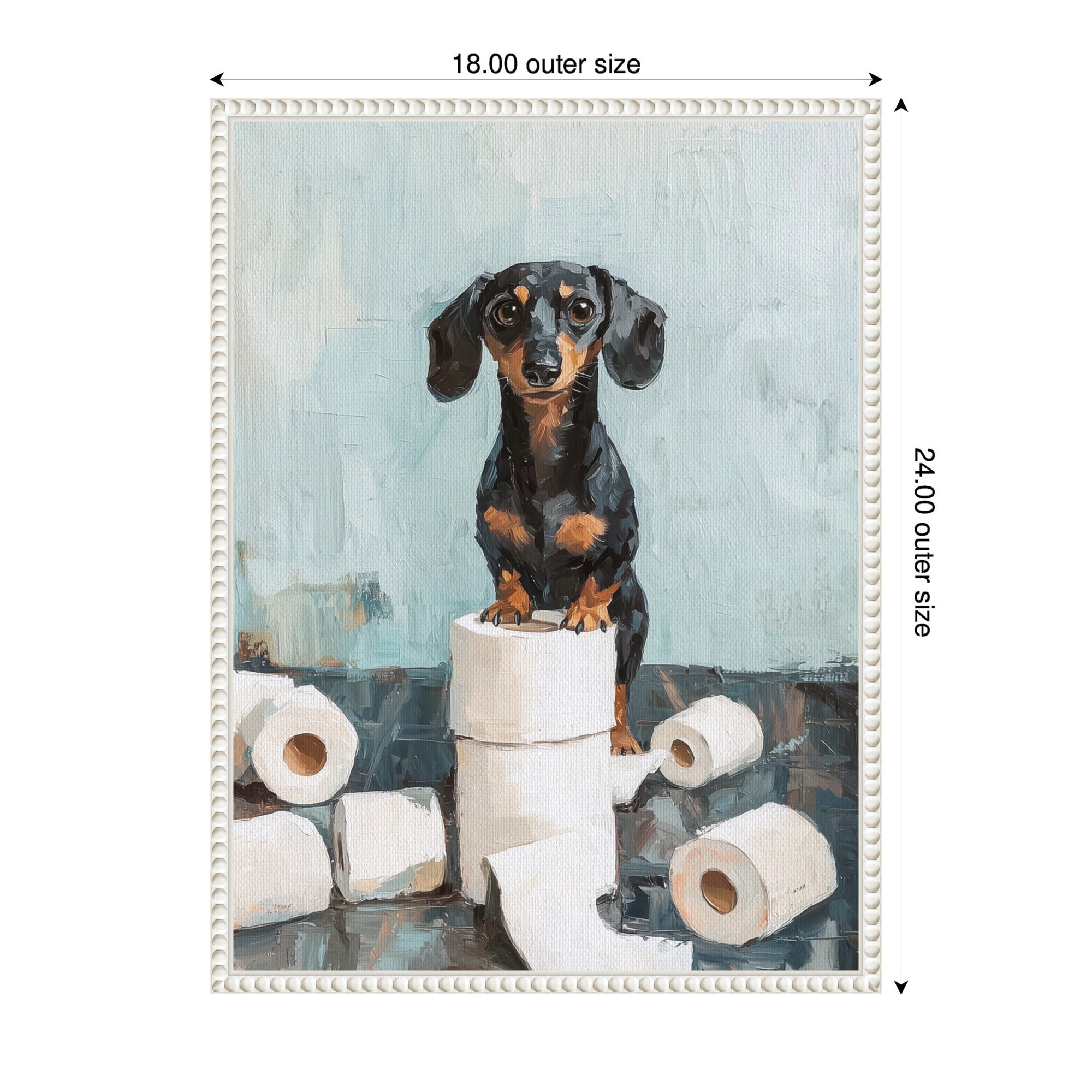 Sylvie Cute Dachshund Dog Toilet Paper Rolls Blue Teal Bathroom Art Framed Canvas by The Creative Bunch Studio