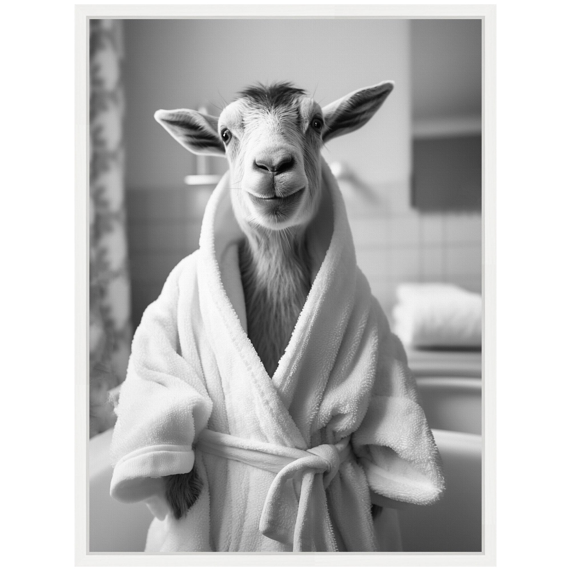 Sylvie Goat Bathroom Art Towel Robe Black and White Framed Canvas by The Creative Bunch Studio