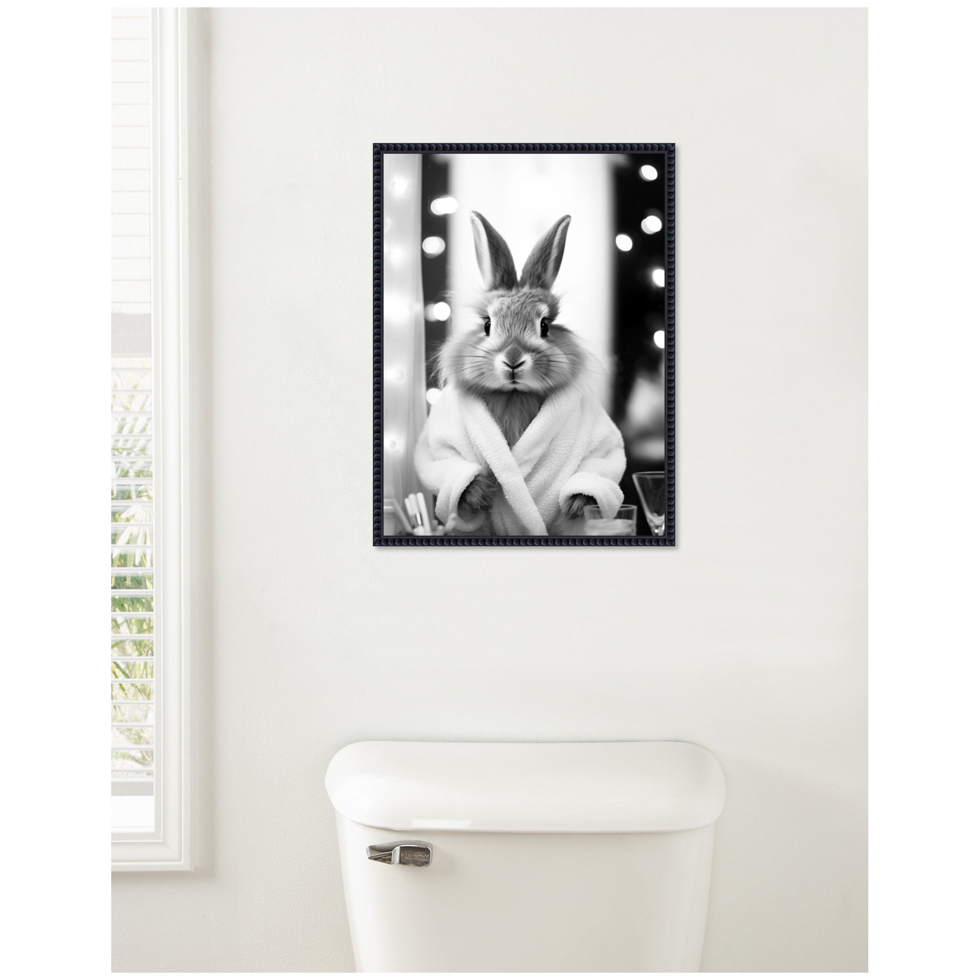 Sylvie Bunny Glam Bathroom Art Towel Robe Black and White Framed Canvas by The Creative Bunch Studio