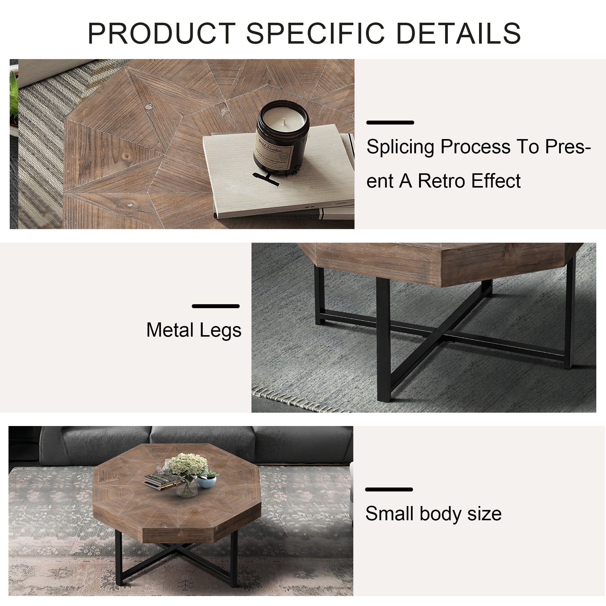 Wood Octagonal Vintage Patchwork Coffee Table