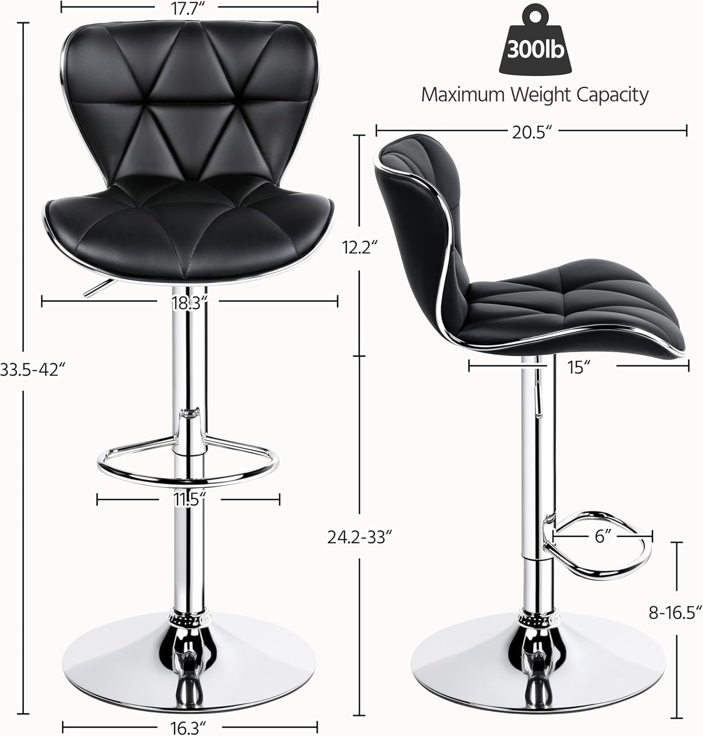 Adjustable Bar Stools Set Of 2 In Black PU Leather