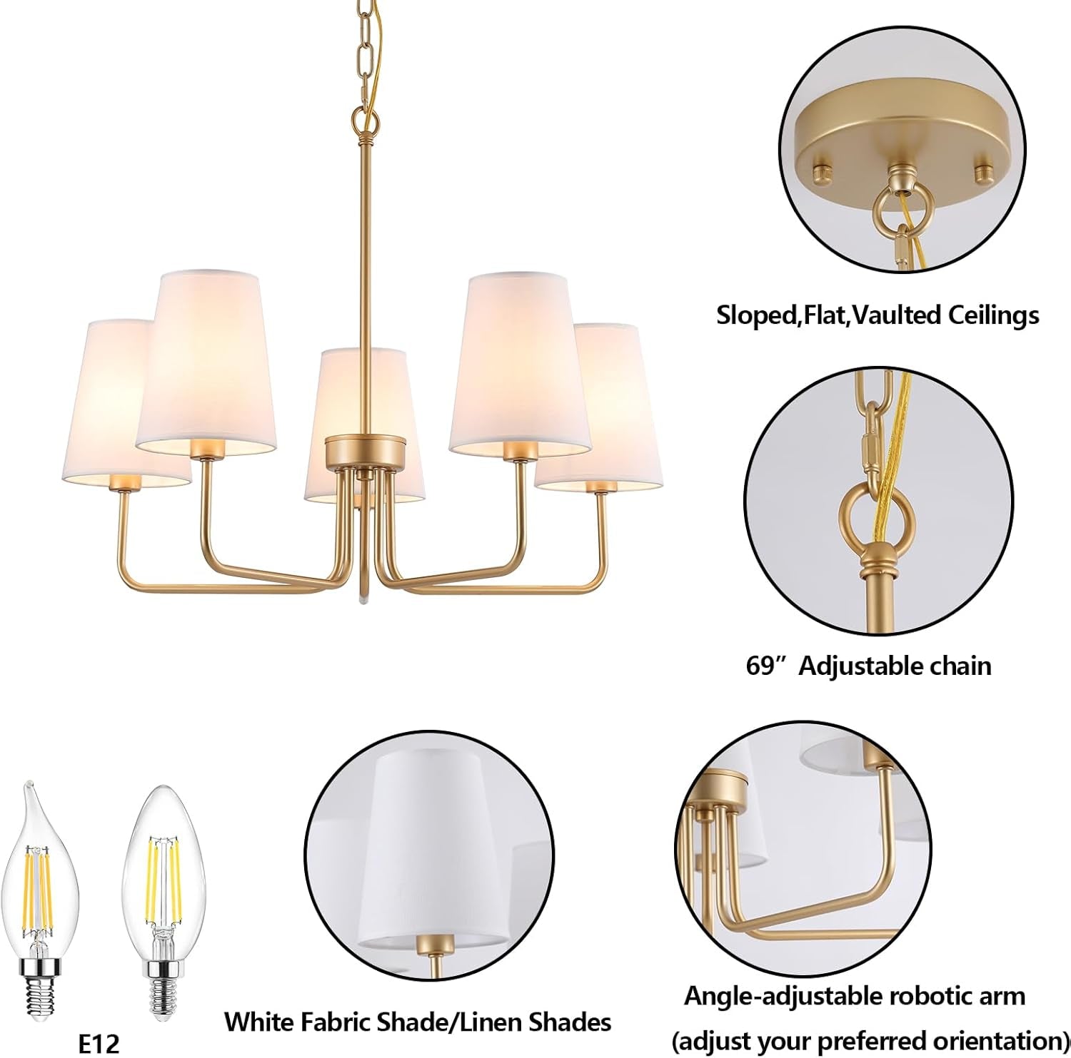 Farmhouse Five Light Gilded Chandelier White Shades-2