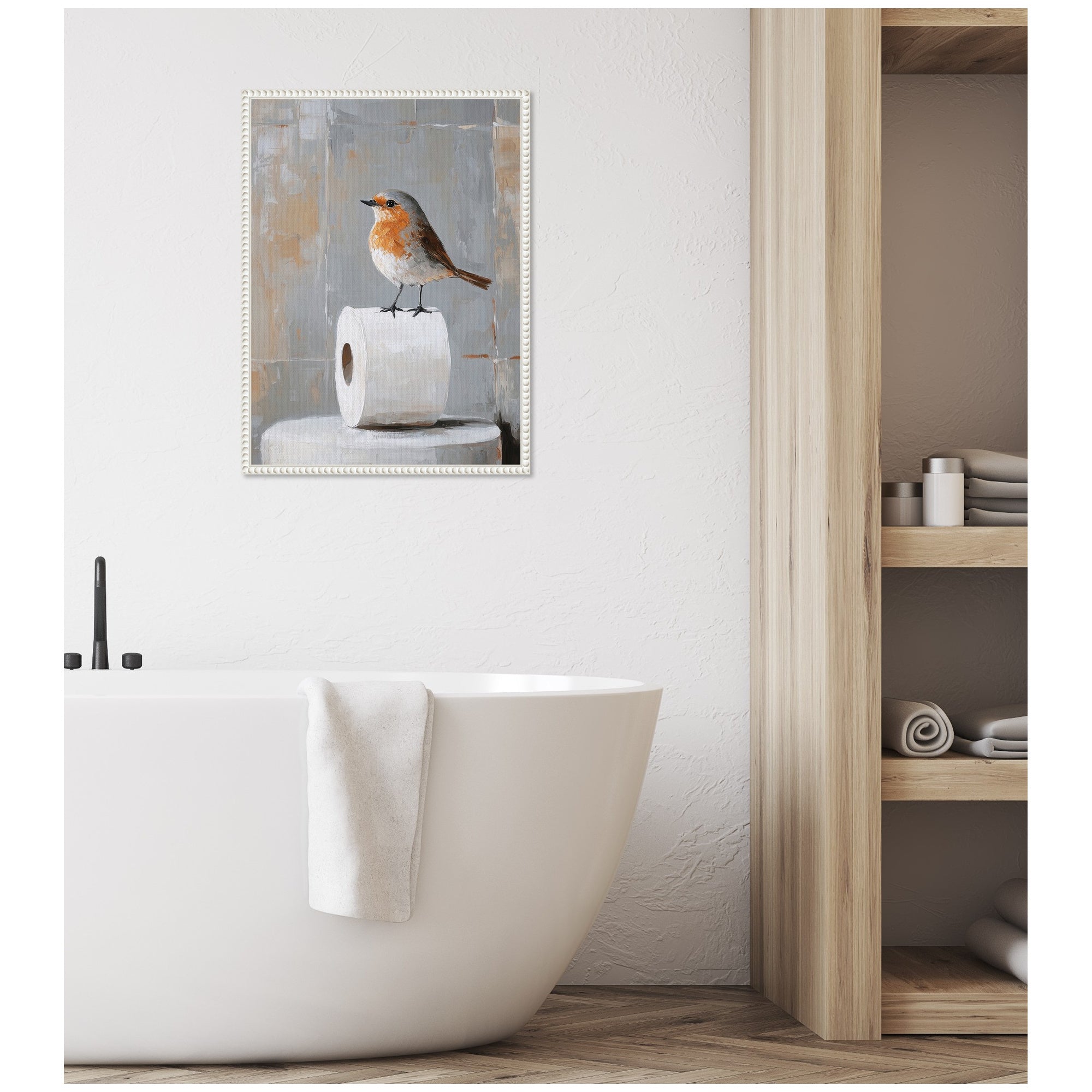 Sylvie Bird Standing on Toilet Paper Roll Toilet Bathroom Art Framed Canvas by The Creative Bunch Studio