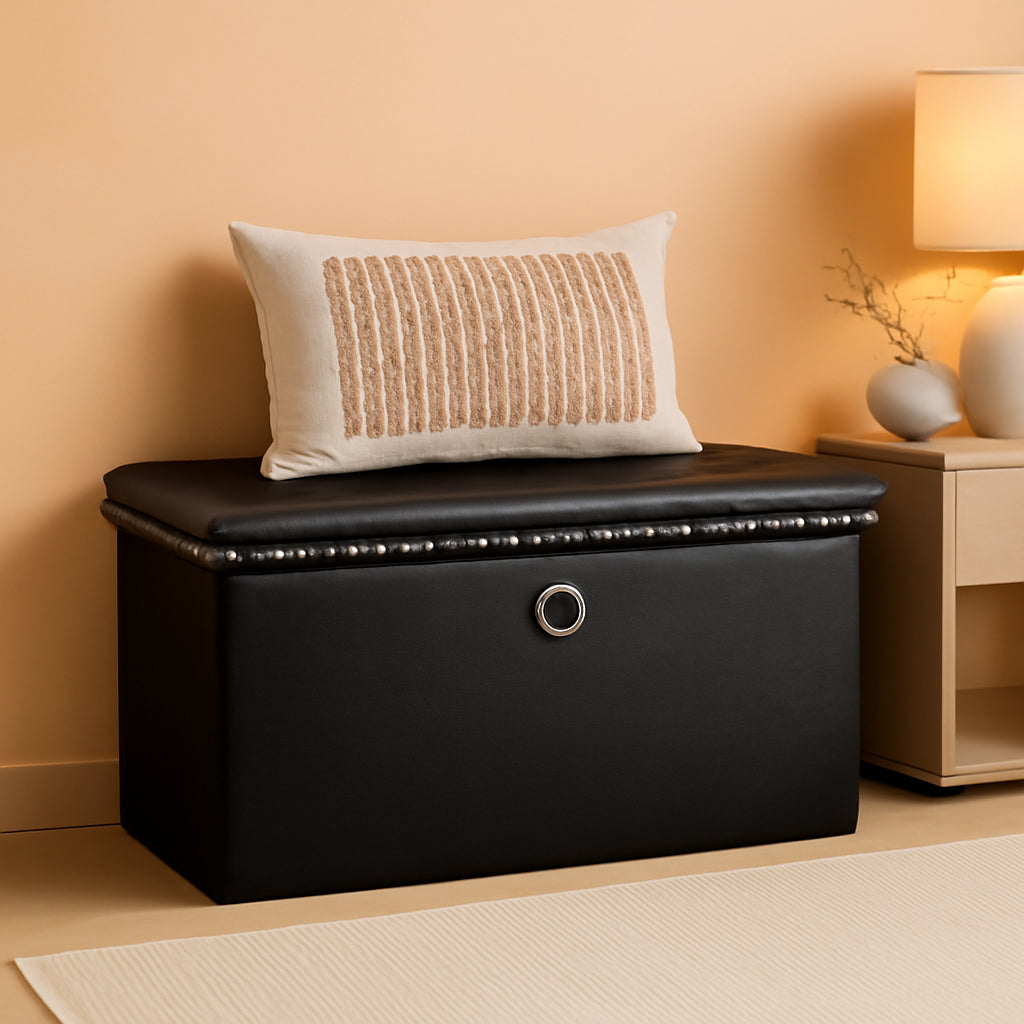 Faux Leather Folding Storage Ottoman 30 Inch Size Black