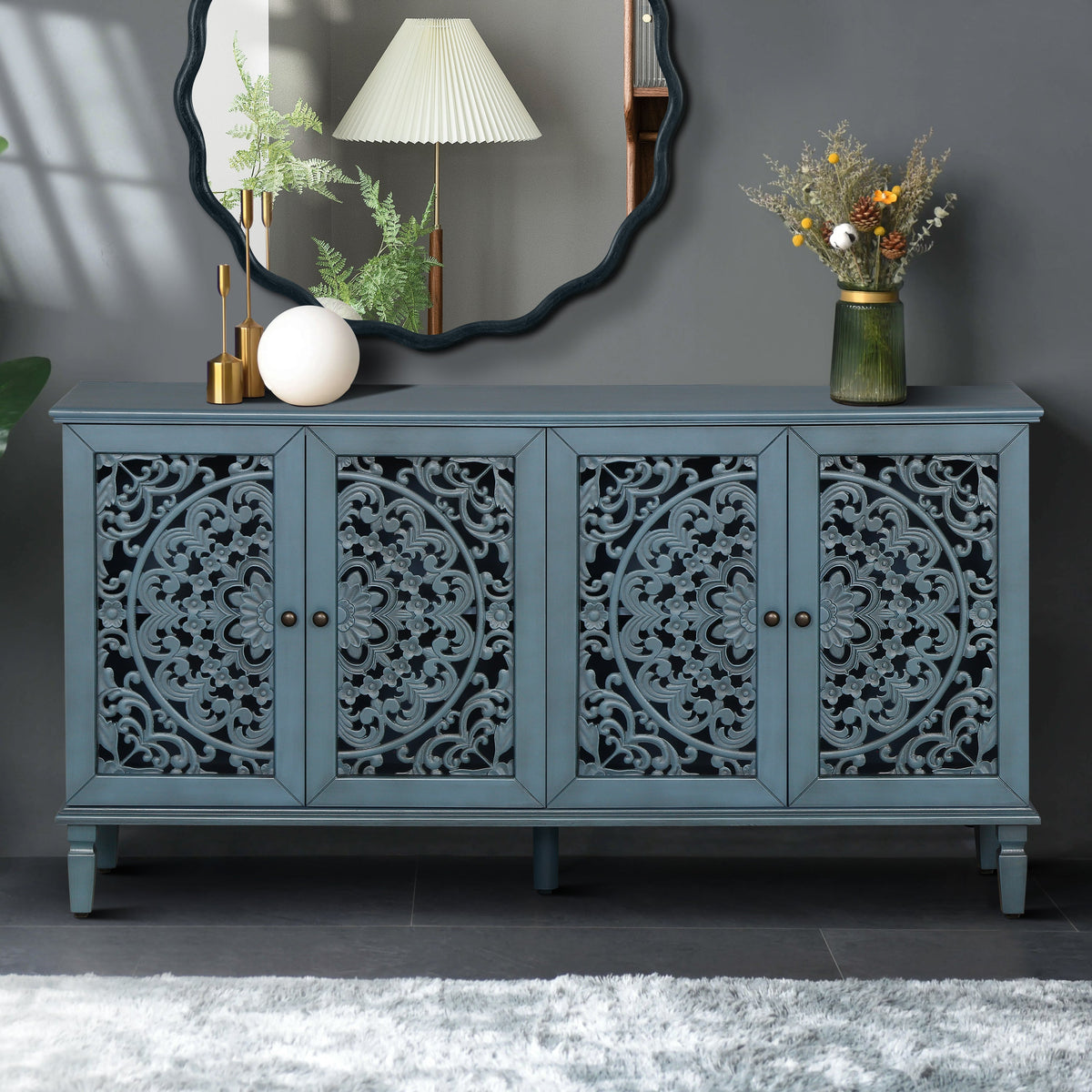 60" Antique Buffet Cabinet with Floral Carvings