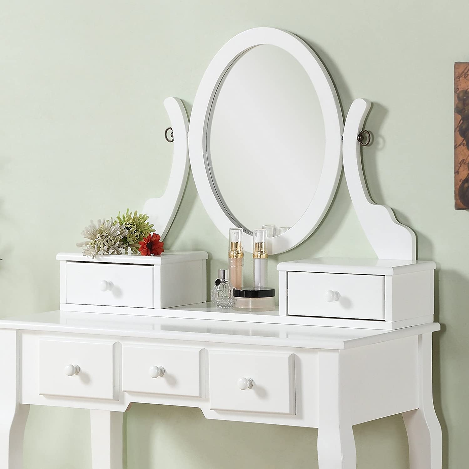 White Wood Makeup Vanity Set With Beige Upholstered Stool