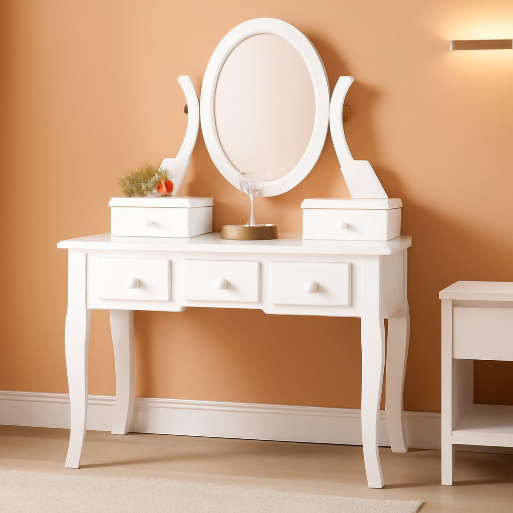 Ashley Wood Vanity Table And Stool Set With Beige Upholstery And Five Drawers