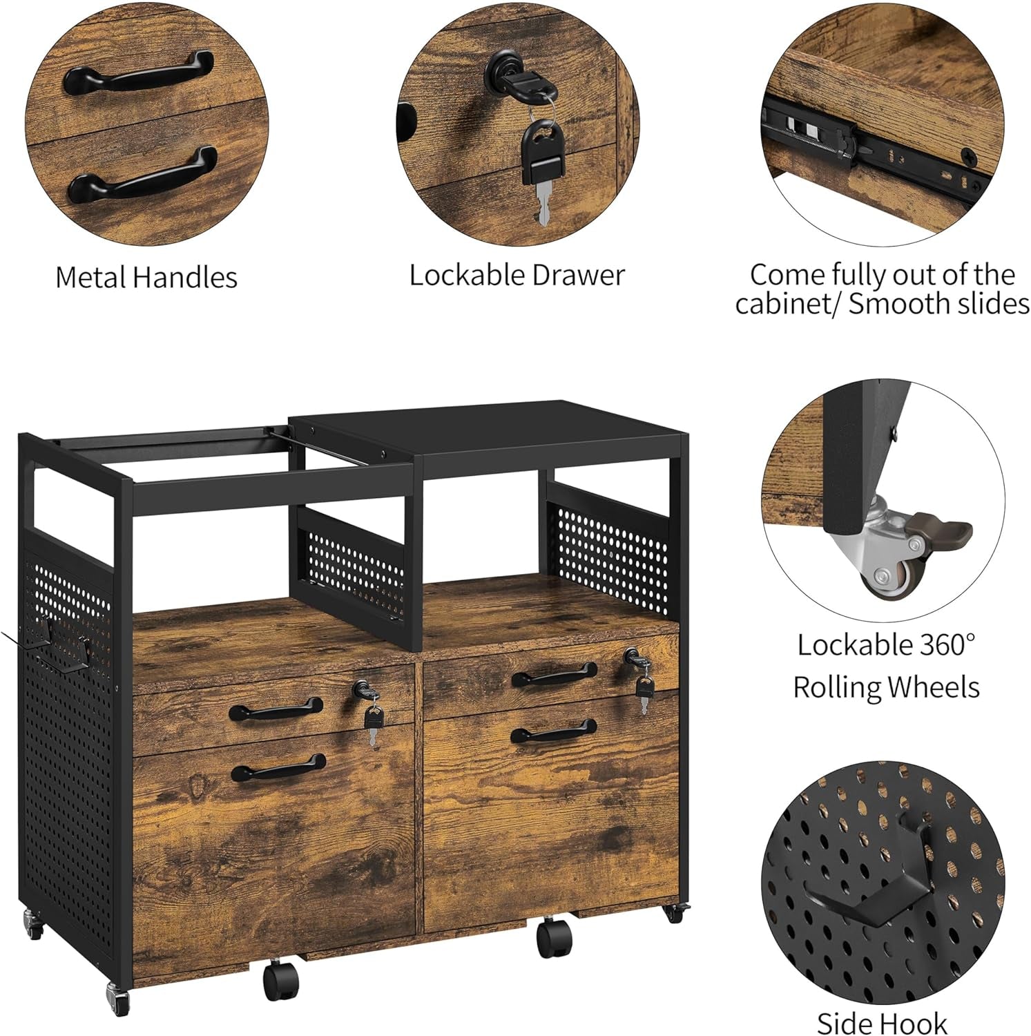 Lateral File Cabinet Printer Stand Drawers Rustic Brown