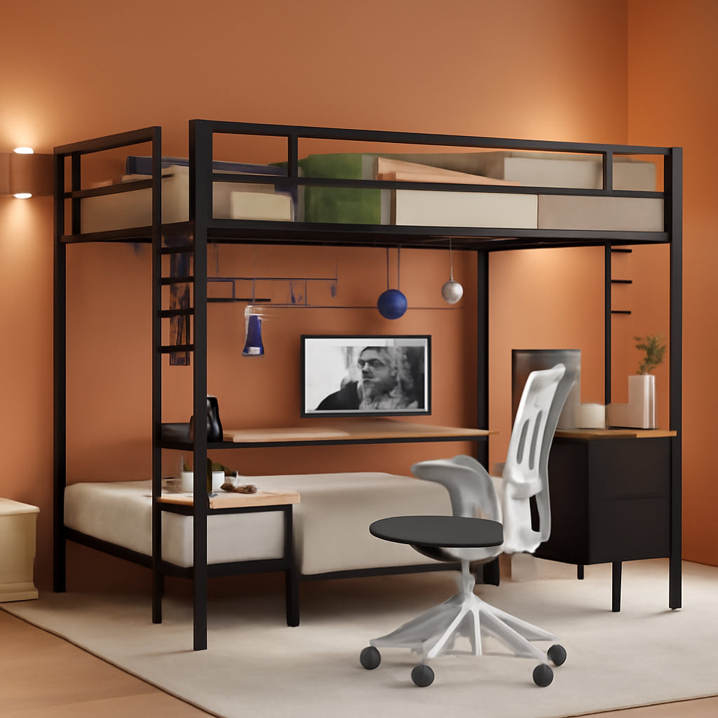 Black Full Over Twin Metal Bunk Bed With Desk LED Lights