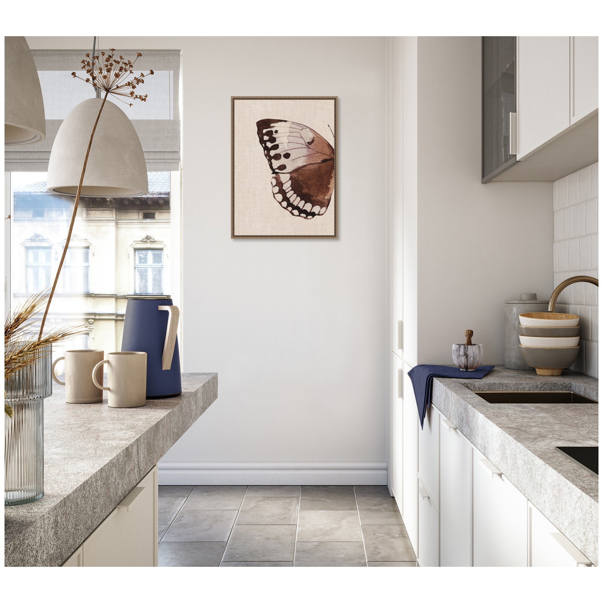 Sylvie Retro Butterfly Watercolor Diptych Neutral Burlap Left Framed Canvas by The Creative Bunch Studio