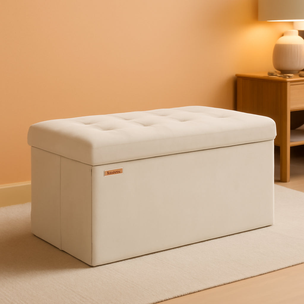 Cream White Foldable Storage Ottoman Bench 15x30x15