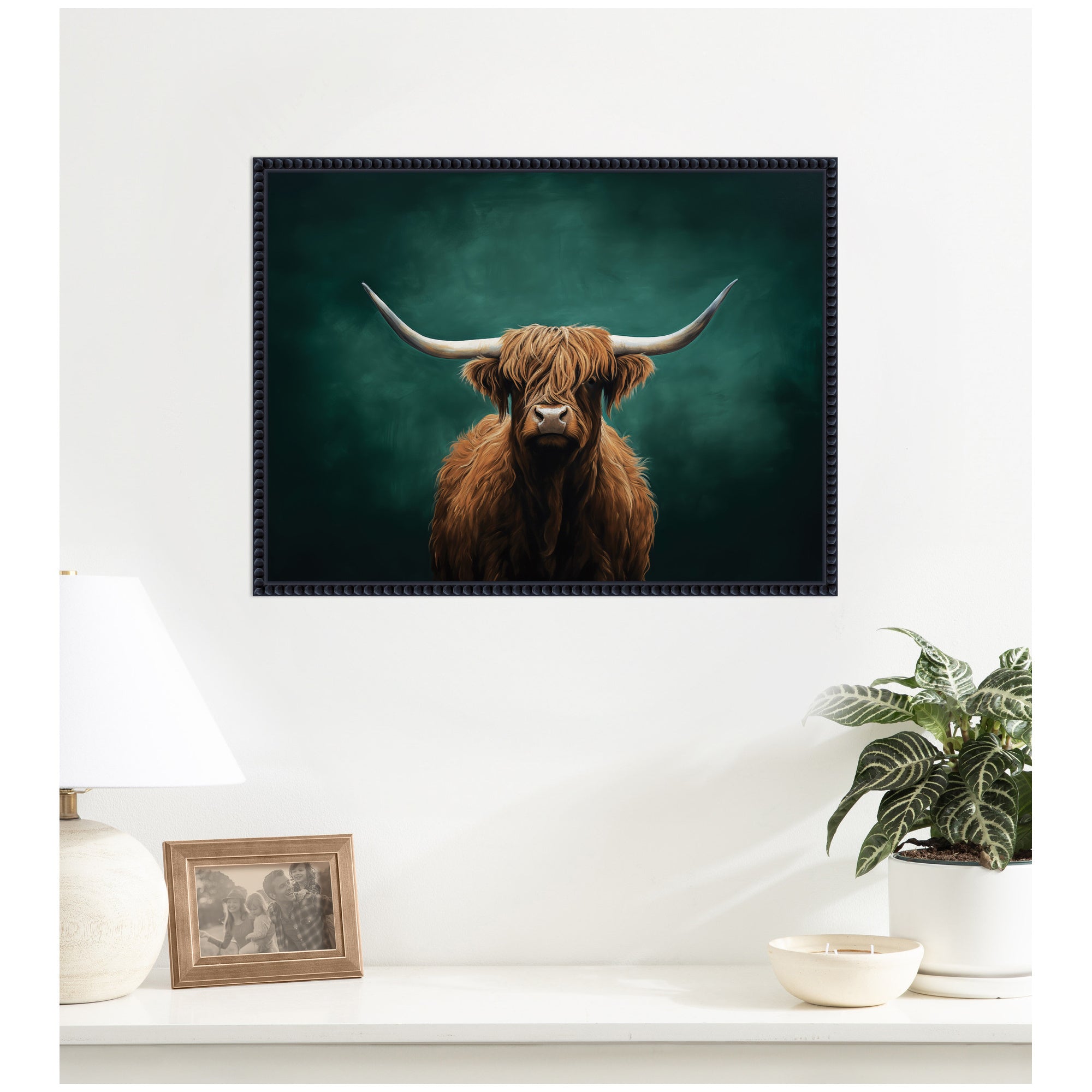 Highland Cow on Tonal Teal Green Abstract by The Creative Bunch Studio Framed Canvas Wall Art Print