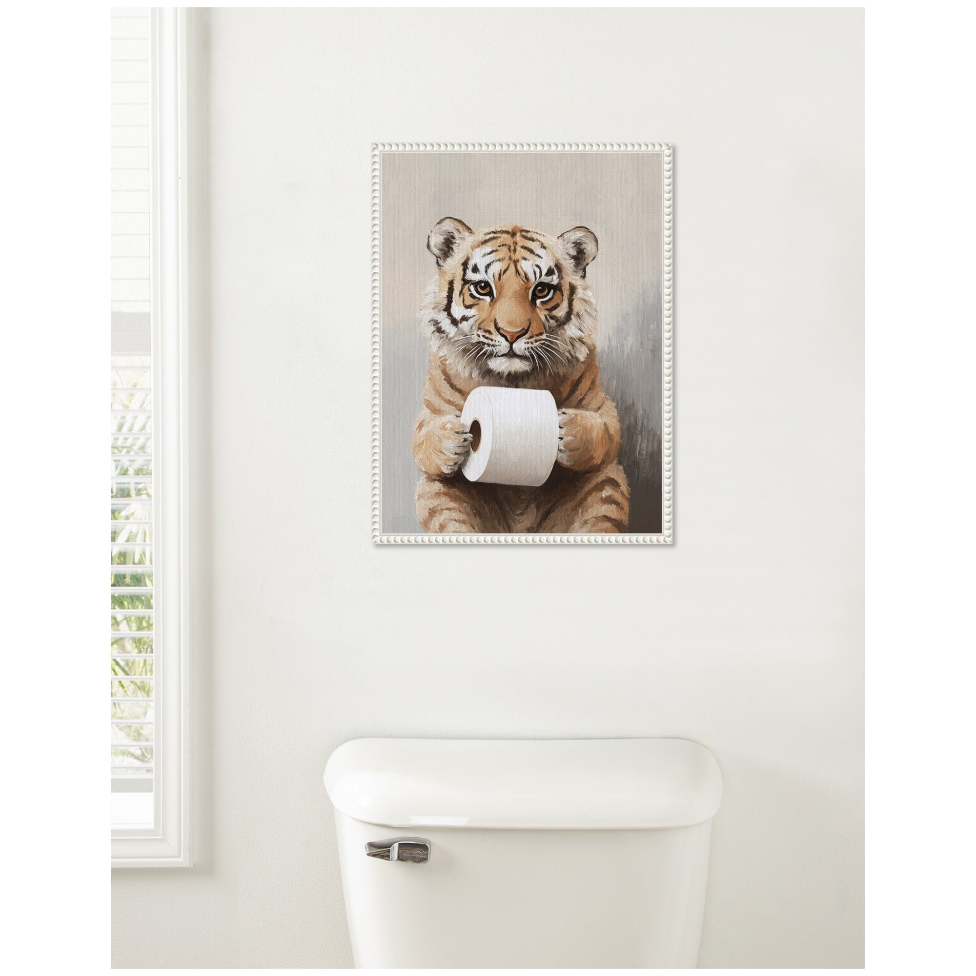 Sylvie Tiger Cub Holding Toilet Paper Roll Bathroom Art Framed Canvas by The Creative Bunch Studio