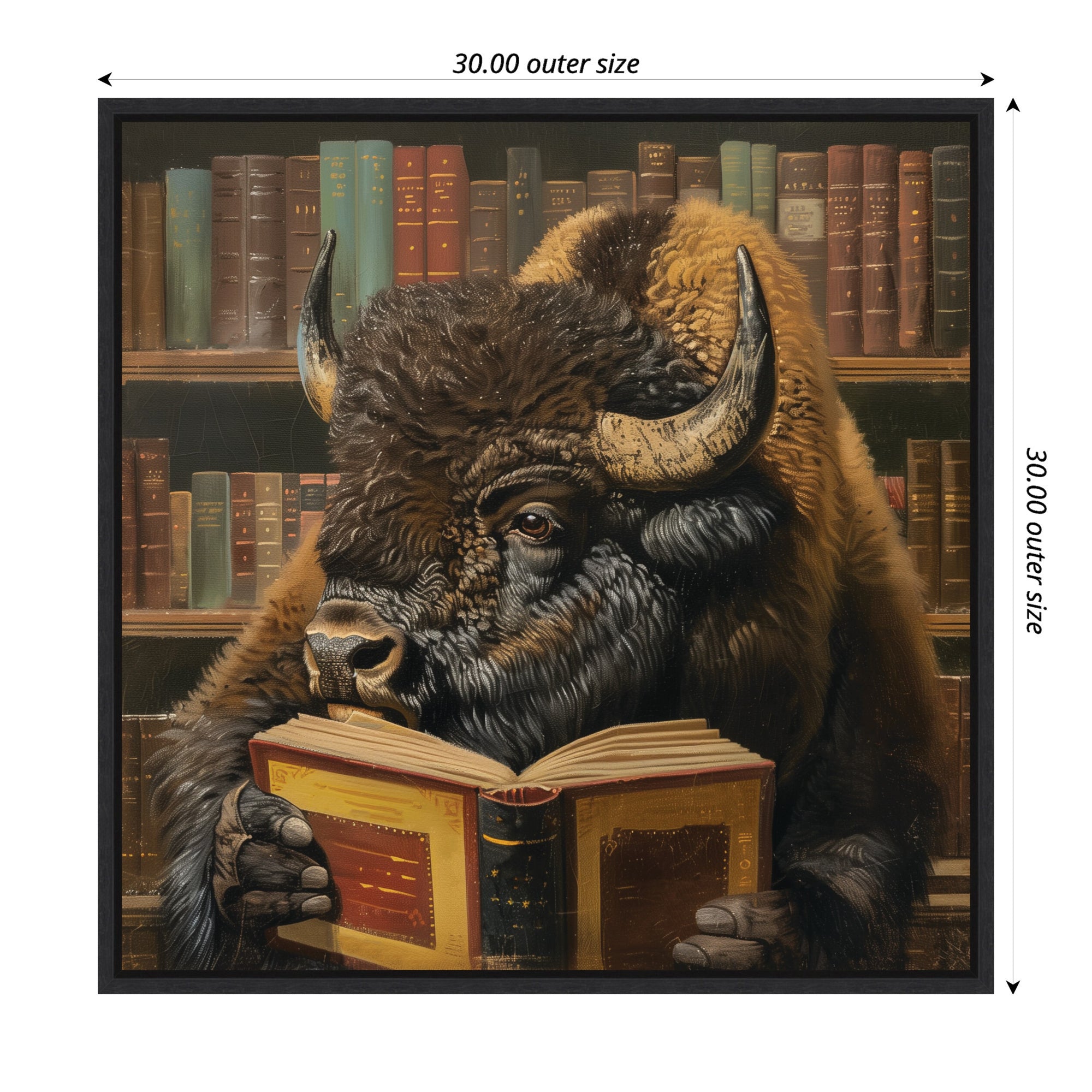 Sylvie Traditional Buffalo Reading in Library Framed Canvas by The Creative Bunch Studio