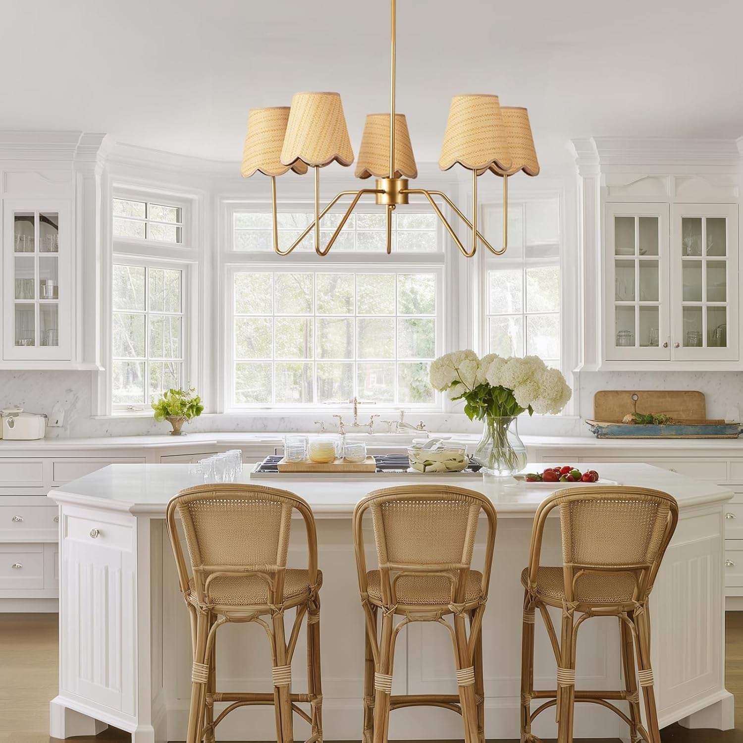 28 Inch Rattan Chandelier Antique Brass Five Light Pendant-2