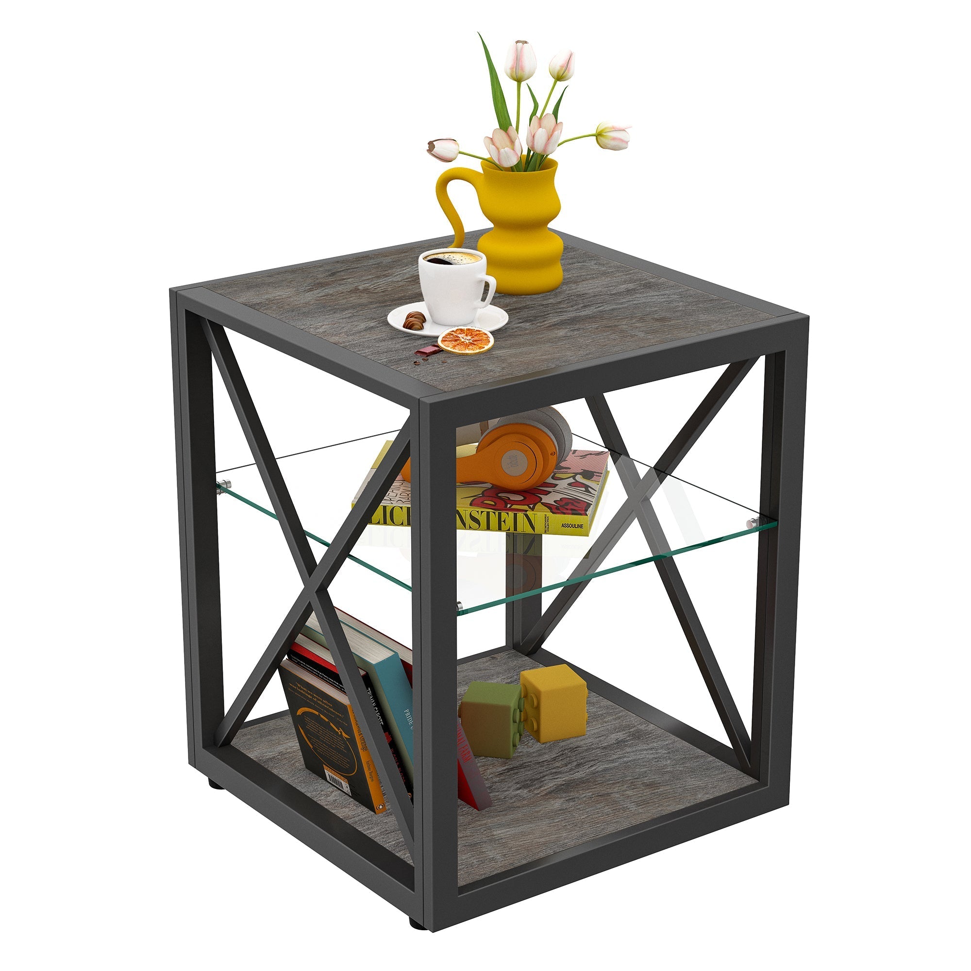 Modern End Table Nightstand with Tempered Glass & Wood Grain MDF