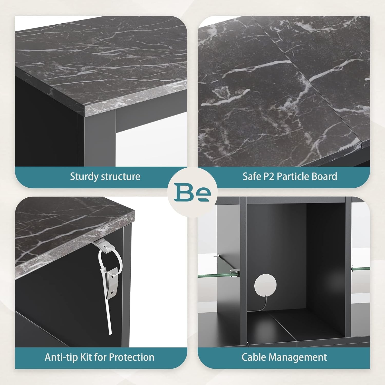 RGB LED Gaming TV Stand For 55Inch TV With Adjustable Glass Shelves Black Marble