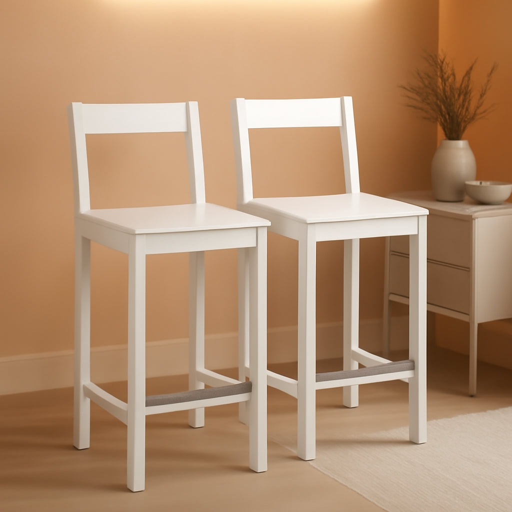 White Wooden Bar Stool With Backrest, Counter Height