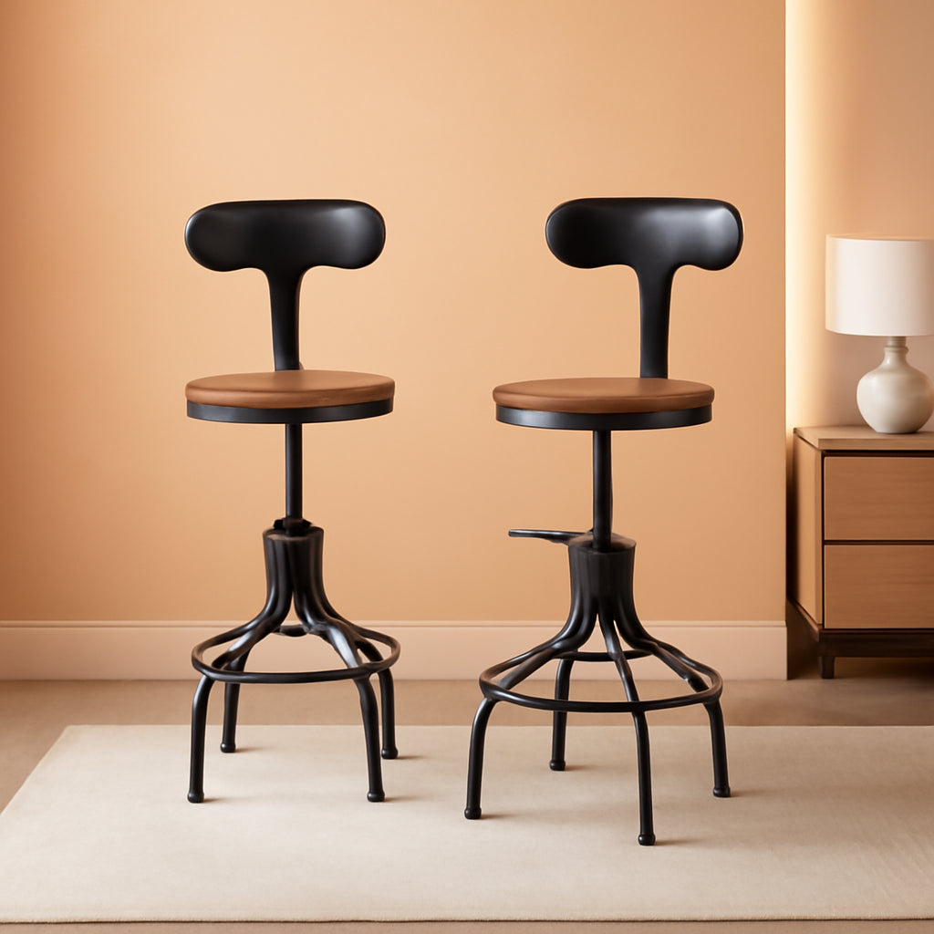 Adjustable Rustic Industrial Bar Stool Brown Seat Set of 2