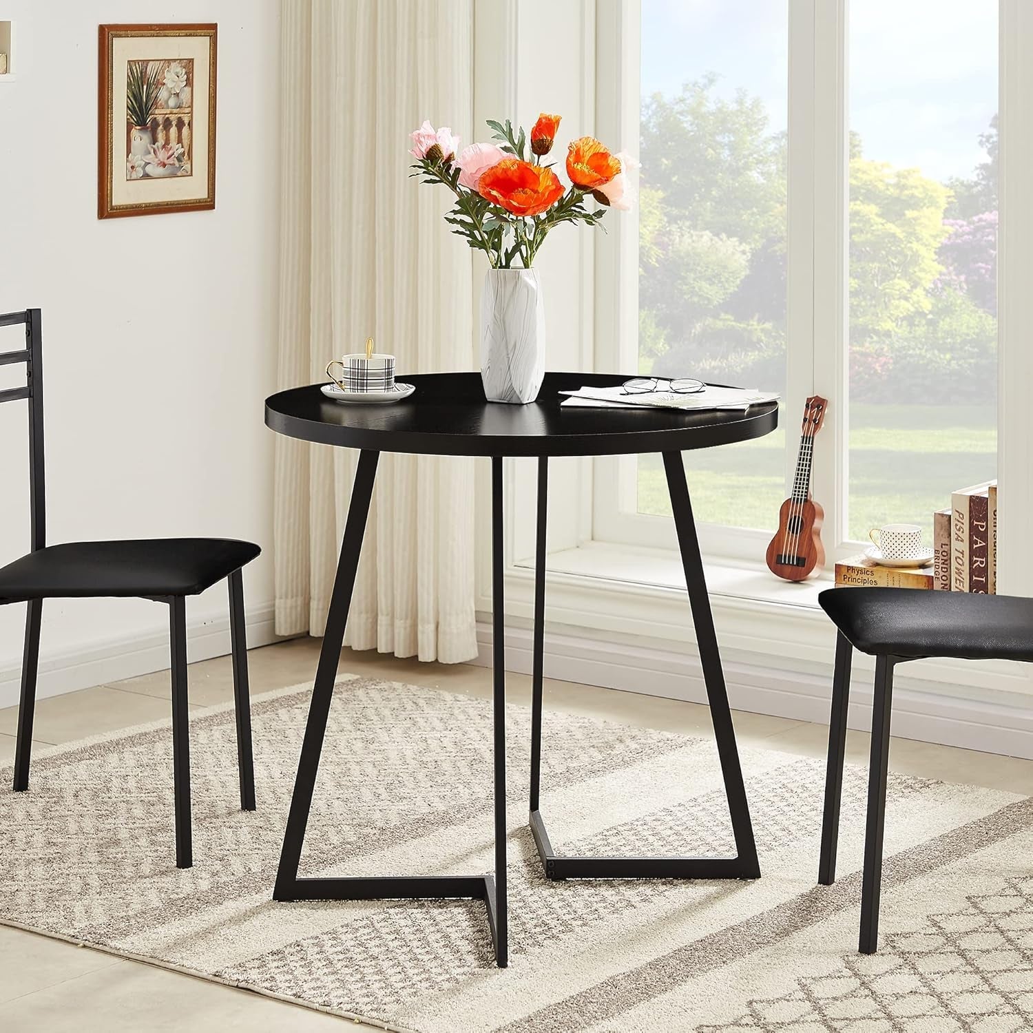Round Black Woodgrain Top Dining Table With Steel Frame