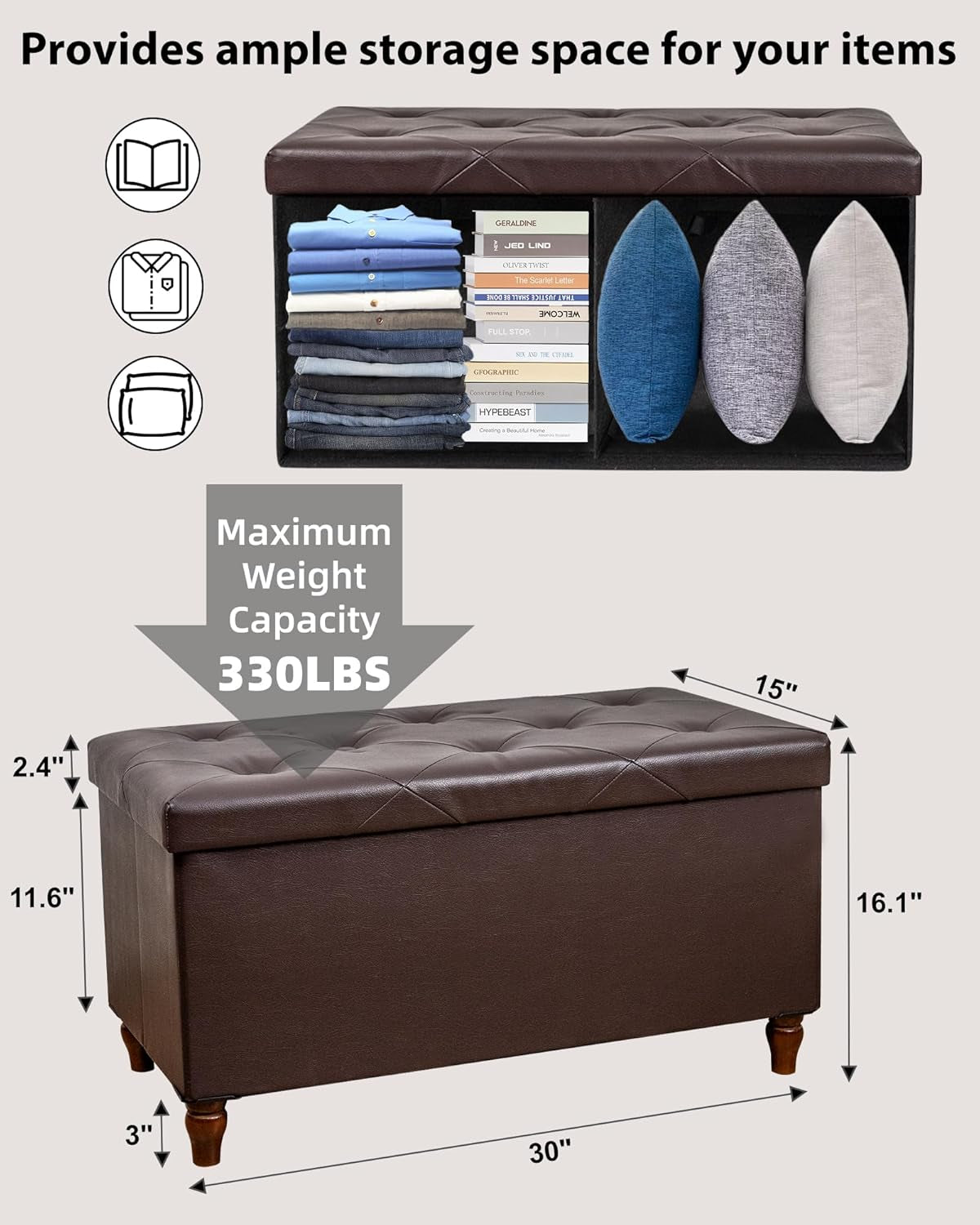 Thirty Inch Durable Storage Ottoman Bench Chest Brown