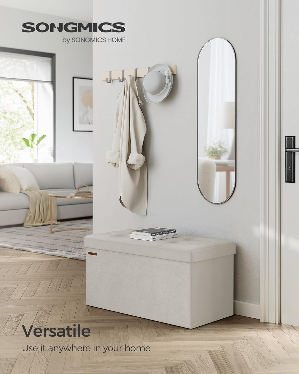 Cream White Foldable Storage Ottoman Bench 15x30x15