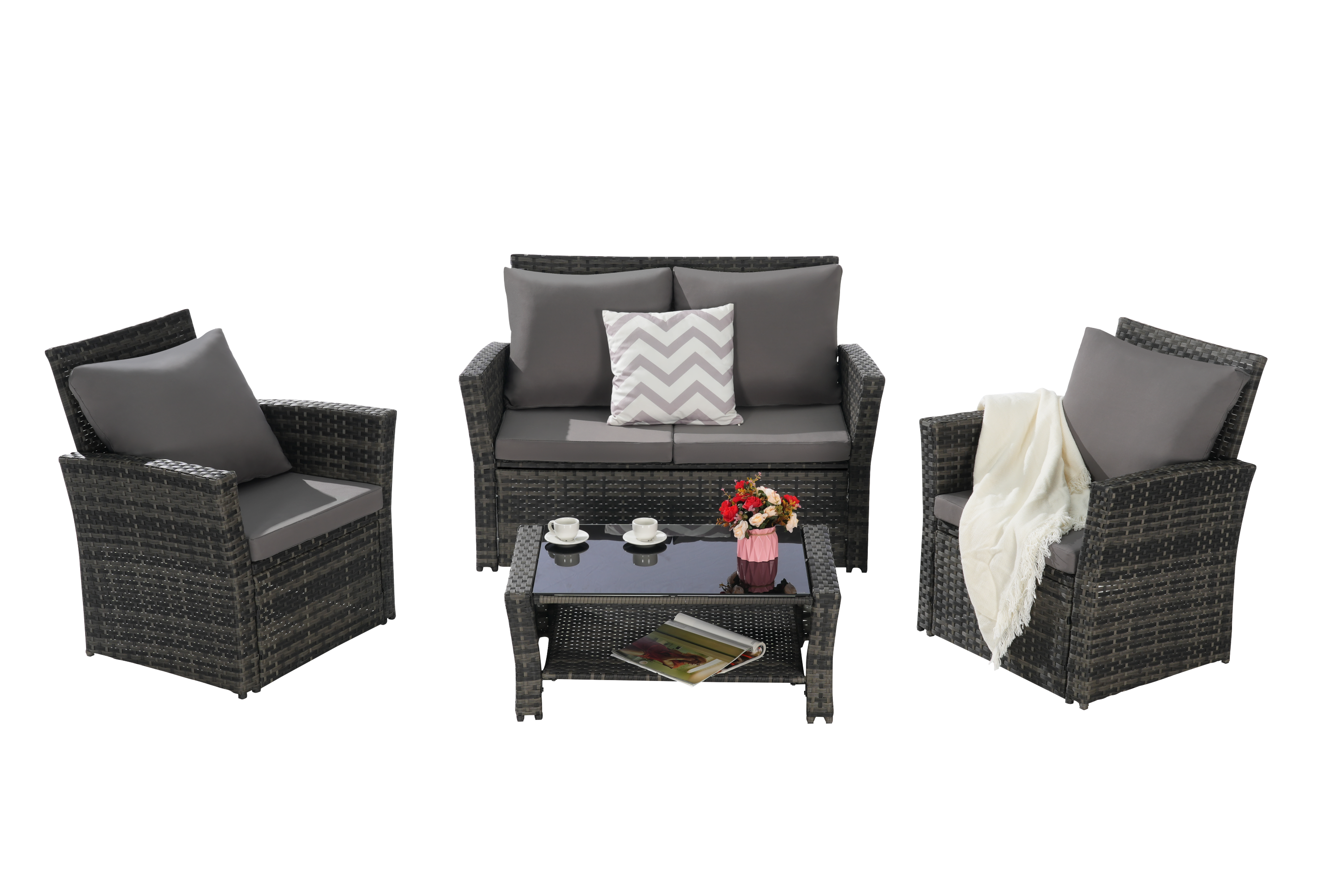 4 Pieces Outdoor Patio Furniture Sets Garden Rattan Chair Wicker Set