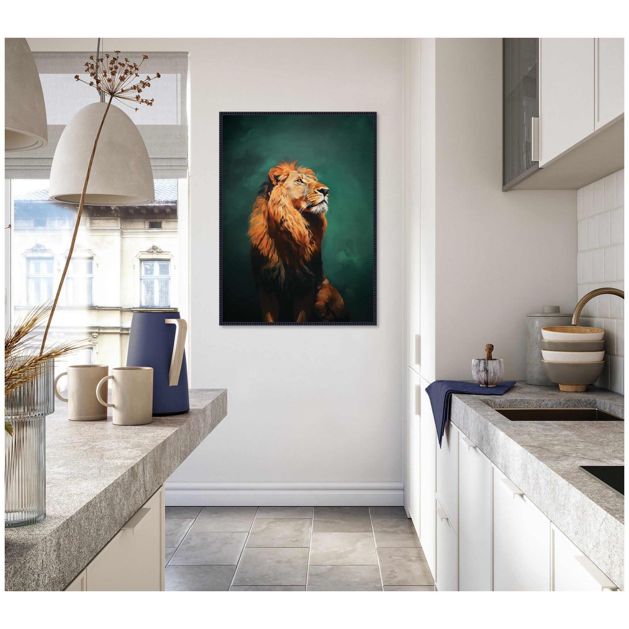 Twilight Turquoise Jade Lion by The Creative Bunch Studio Framed Canvas Wall Art Print