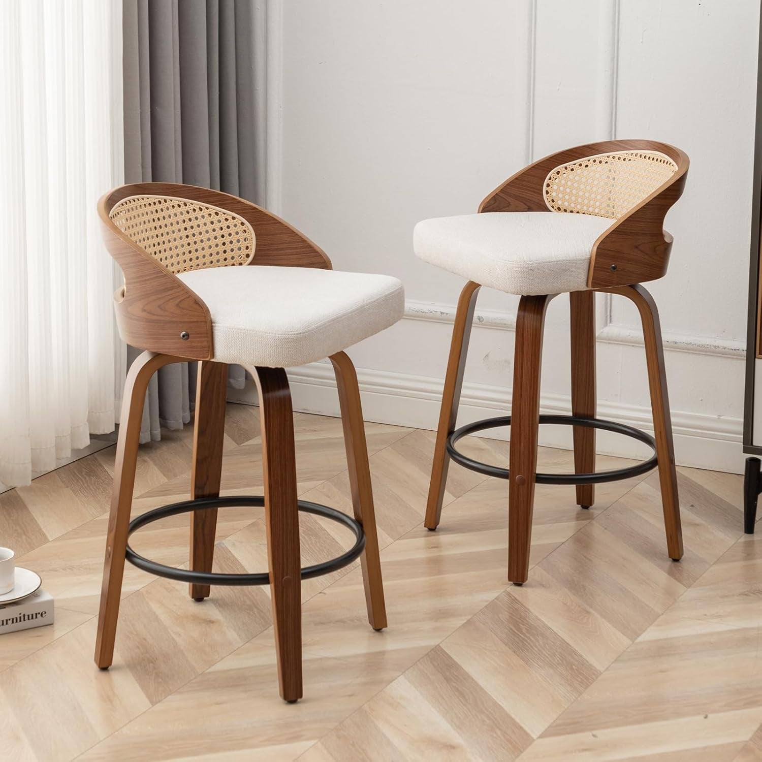 Mid-Century Modern Swivel Rattan Bar Stools Set