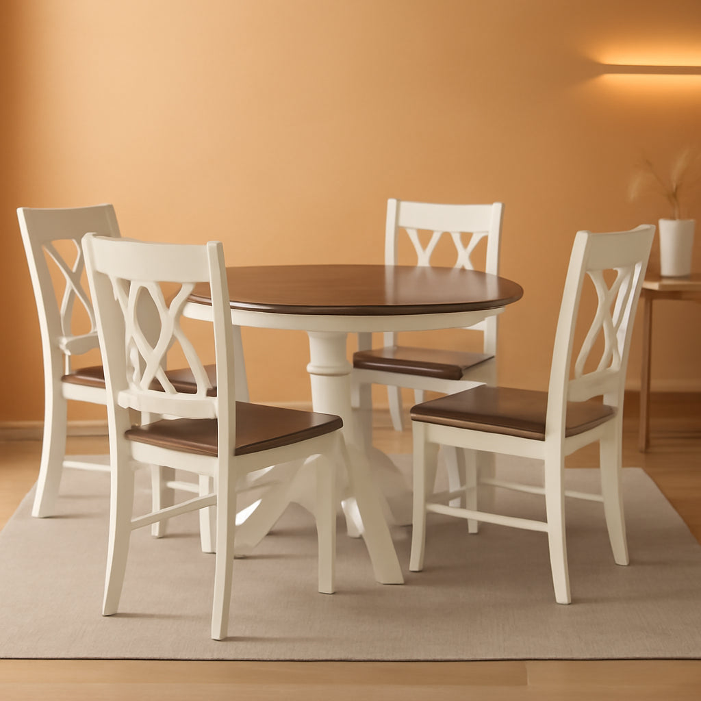 Round Dining Table Set Distressed White Five Piece Set