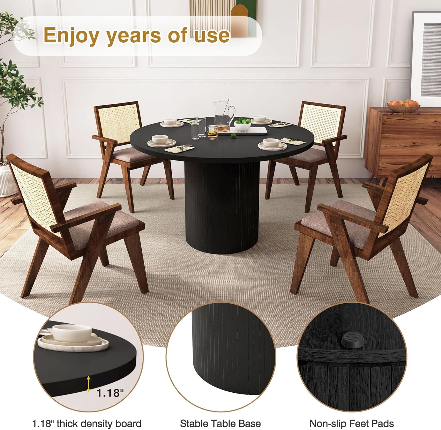 Round Dining Table For 4 47 Inch Black Wood Strip Base Kitchen Table