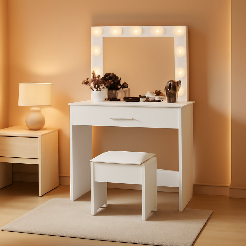 White Vanity Table With Lighted Mirror And Large Drawer