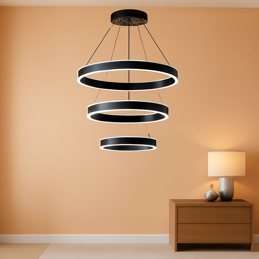 Black Adjustable LED Three Ring Pendant Light Fixture-0
