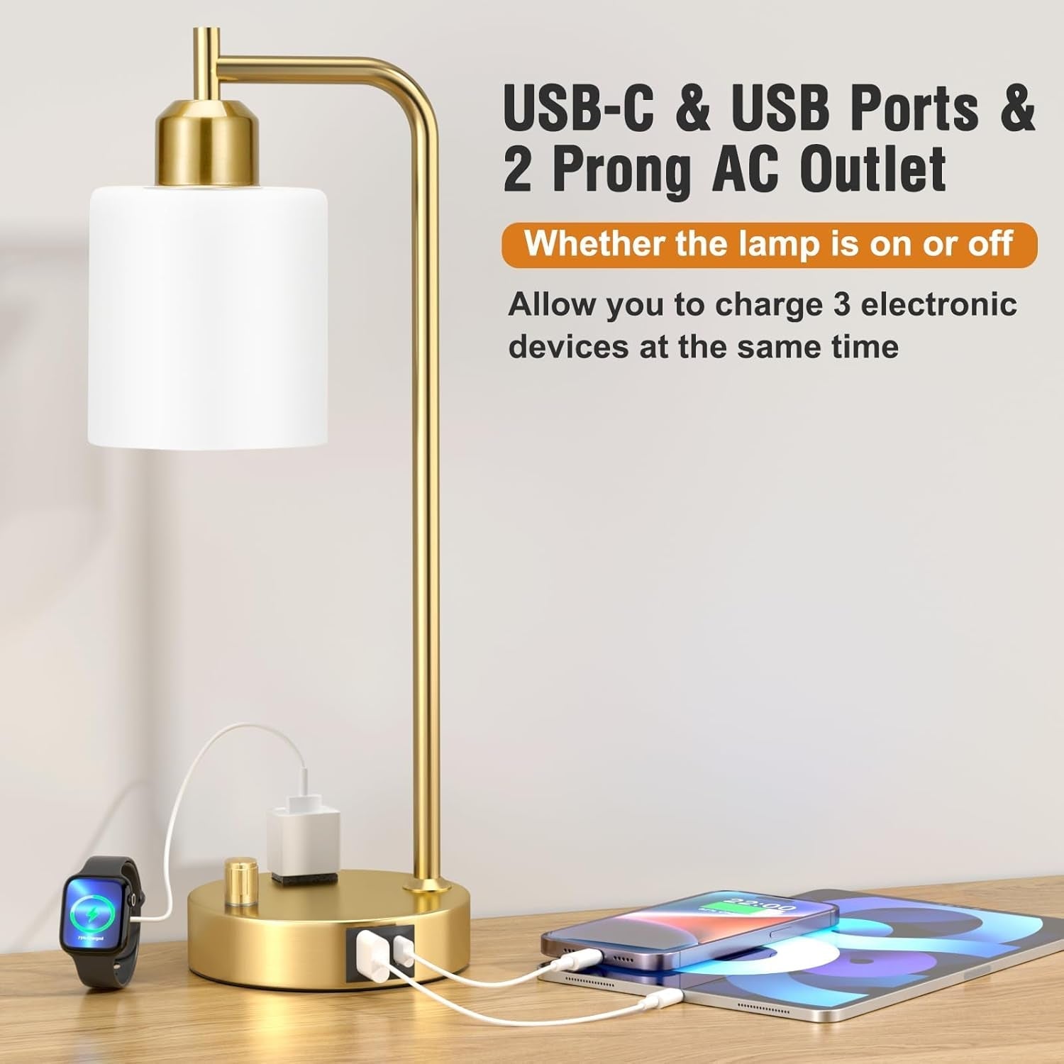 Industrial Table Lamps With USB Ports Dimmable Gold Shade