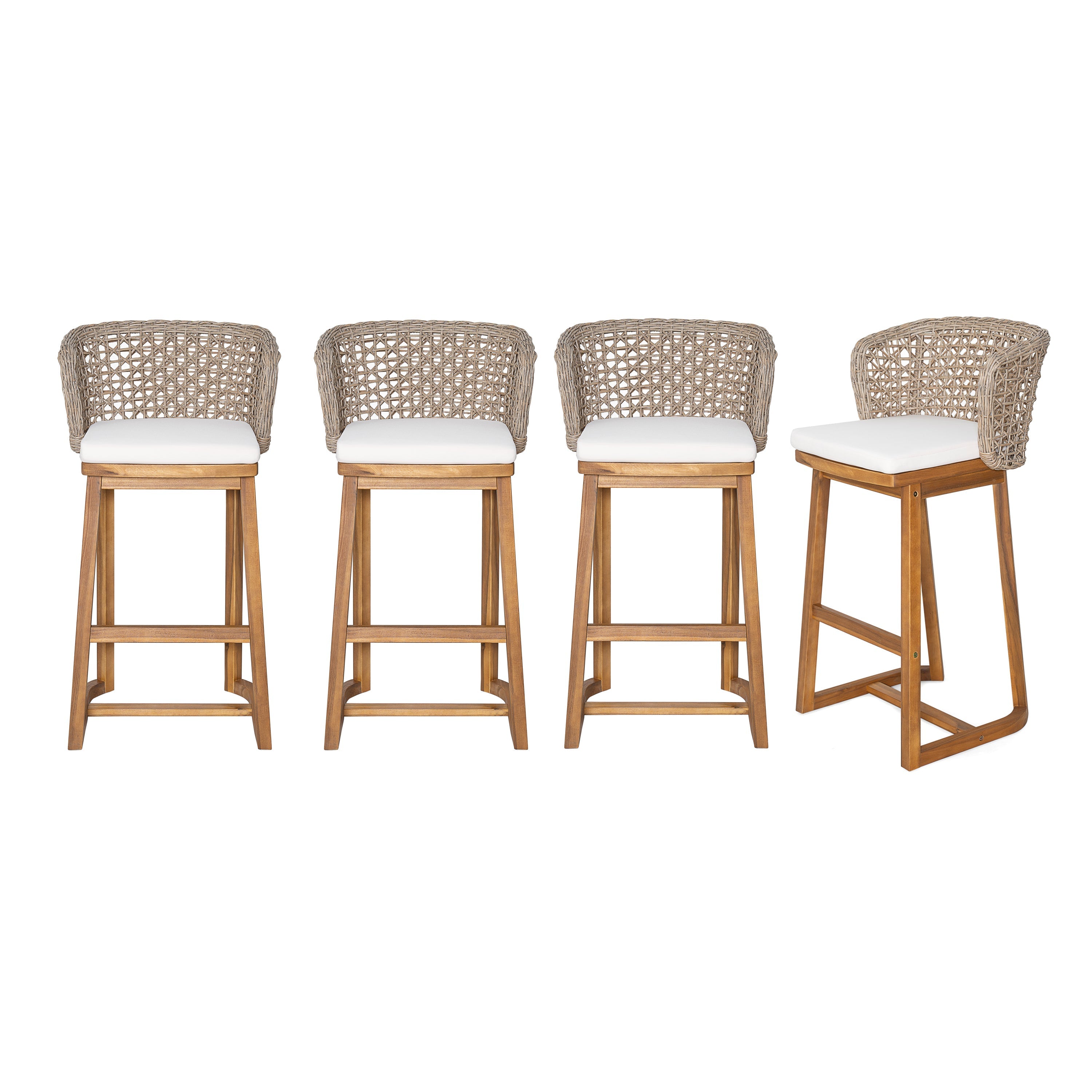 Outdoor Acacia Wood Bar Stools with Cushions (Set of 4)